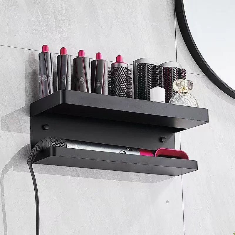 White double-layer punch-free aluminium rack holding hair curlers on a bathroom wall.