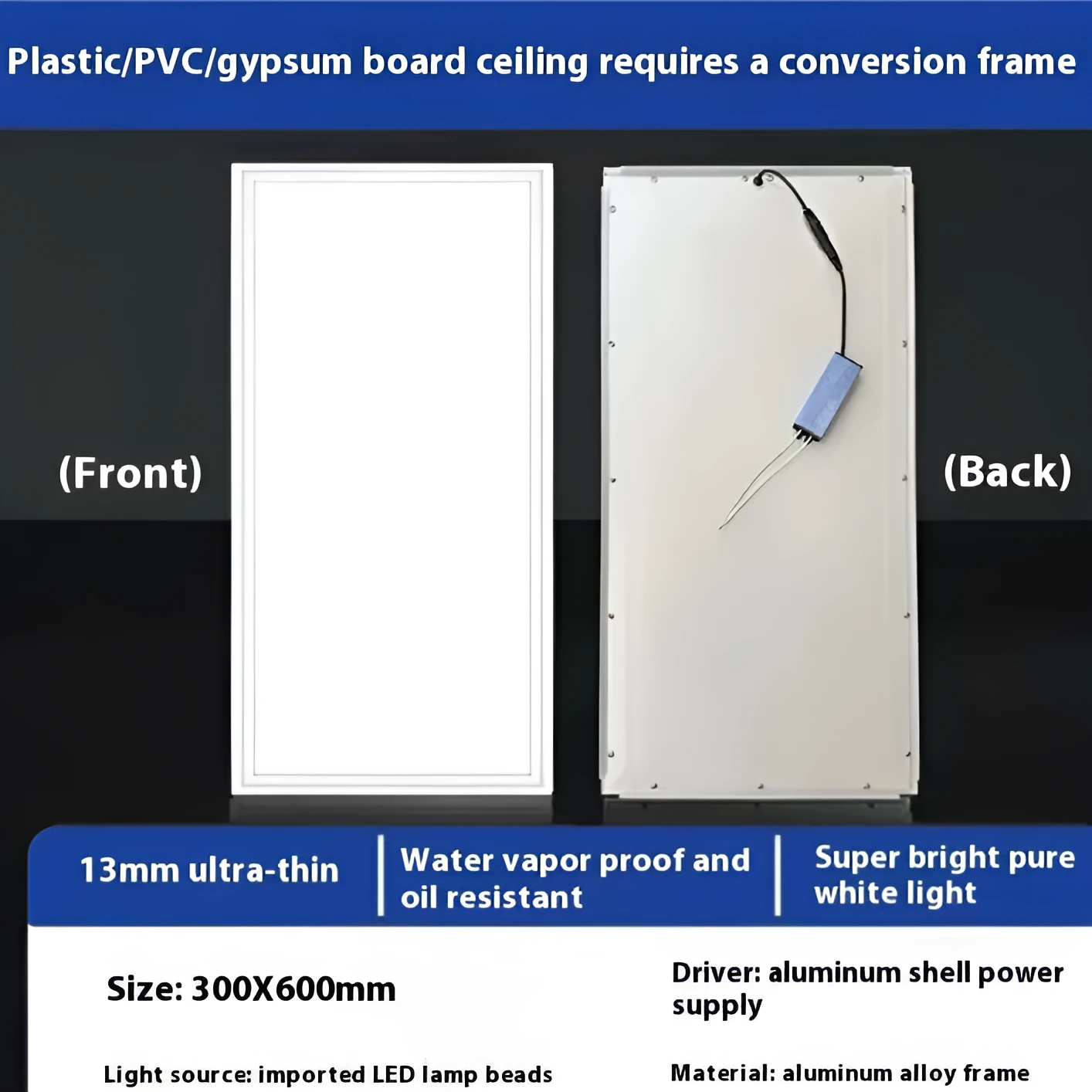 Rectangular embedded kitchen bathroom ceiling light with aluminium frame, 30x30cm, black or white colour options