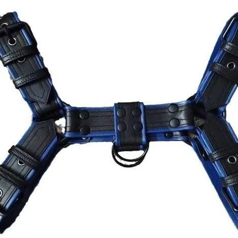 Blue and black leather adjustable shoulder strap with metal buckle and rivet hardware for binding restraint use