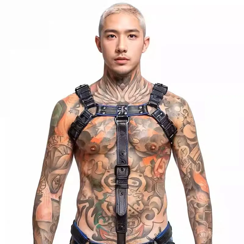 Blue and black leather adjustable shoulder strap with metal buckle and rivet hardware for binding restraint use