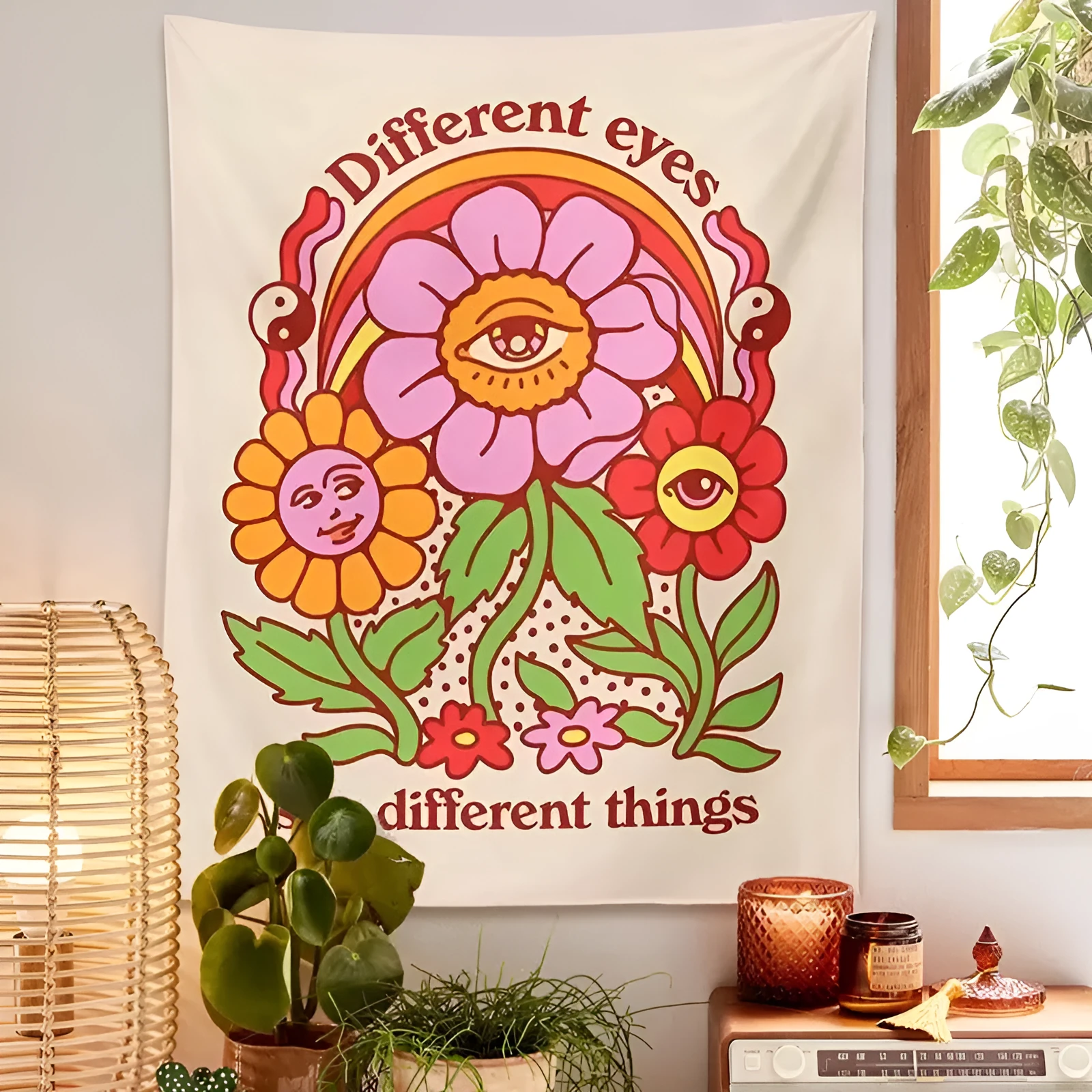 Bohemian floral pattern woven polyester tapestry rectangular wall hanging Nordic style
