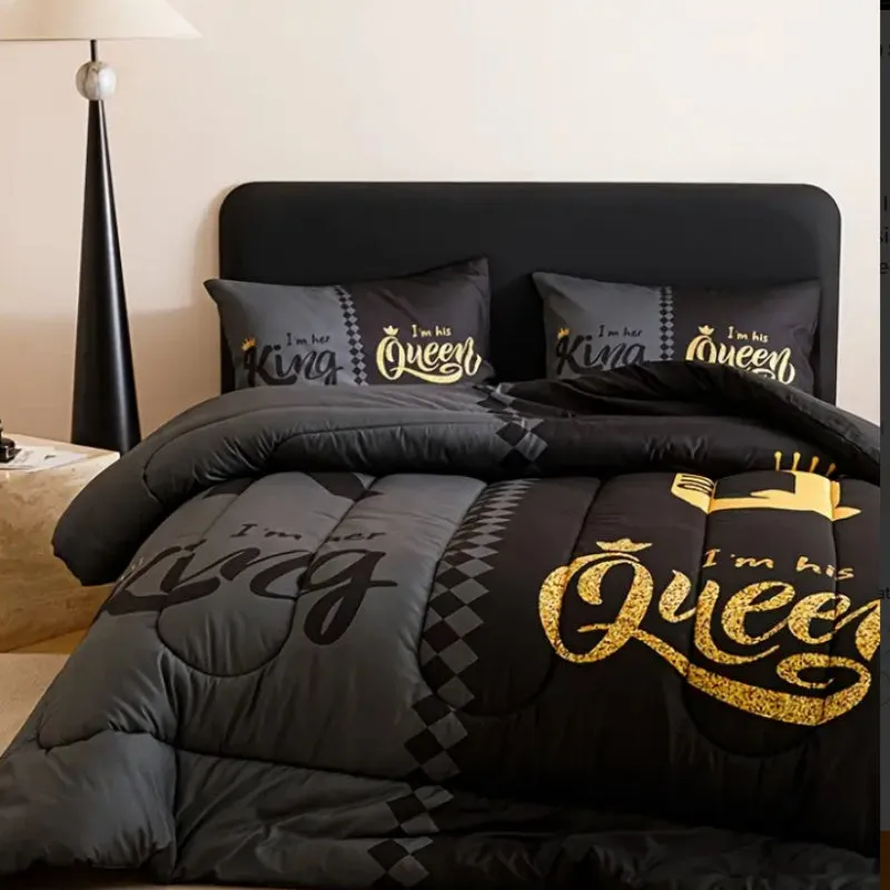 Three piece Crown English digital printed quilt cover set in light gray with pattern, on a bed