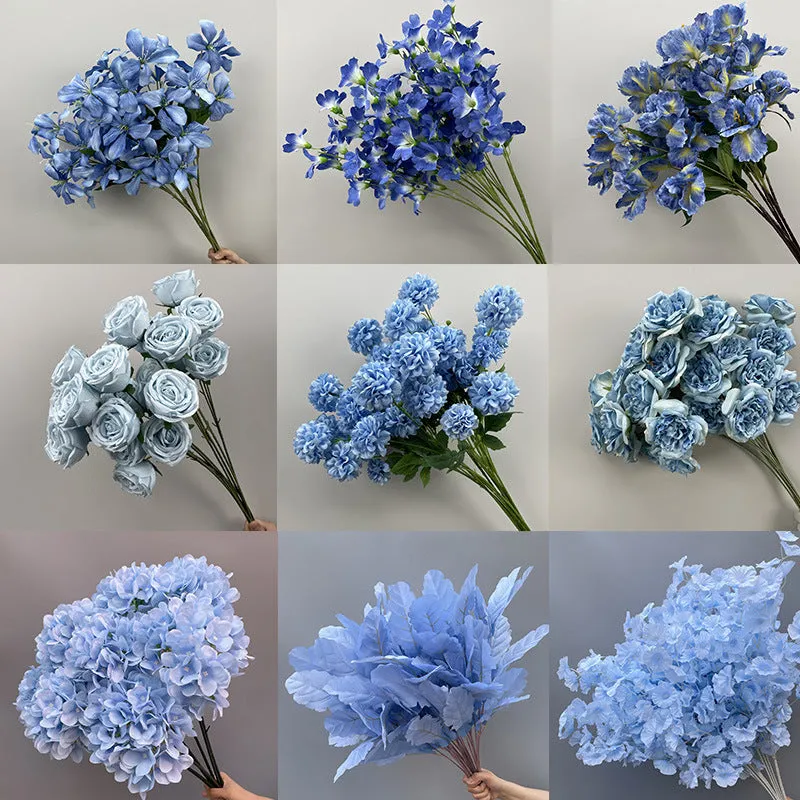 Haze Blue series silk flower bouquet with blue artificial roses and small wildflowers