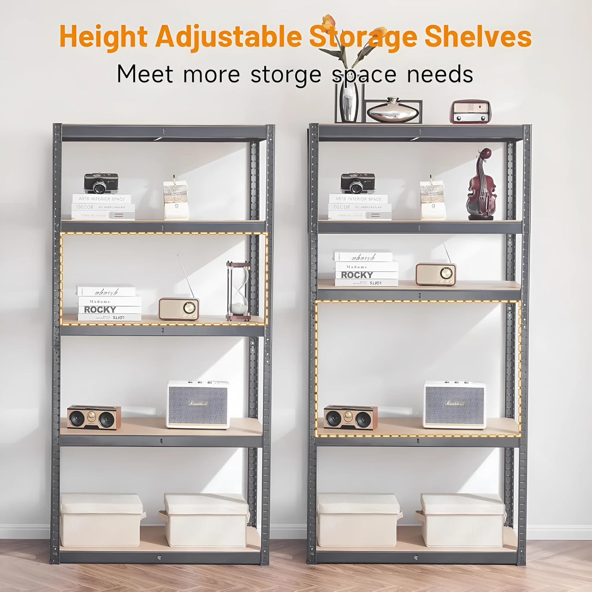 Black 5-layer floor display stand storage bookshelf 180cm high with metal shelving and punch-free design