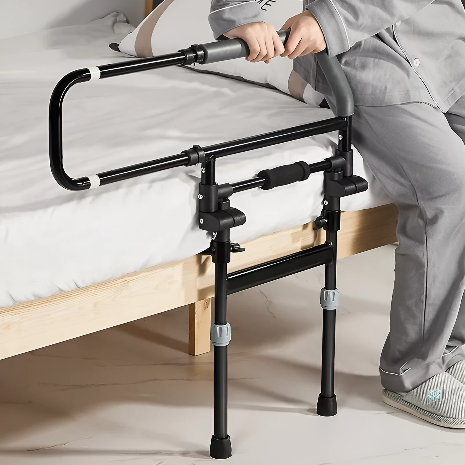 Carbon steel bedside armrest with PU sponge armrest, height adjustable knob 32-50cm, three-gear 64-84cm, floor foldable