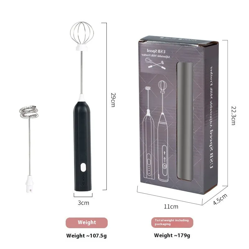 USB rechargeable handheld electric whisk in white with three speed settings and egg beater attachment