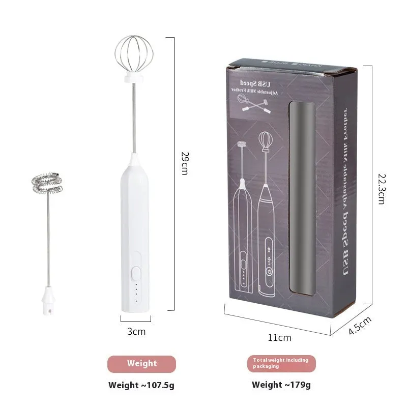 USB rechargeable handheld electric whisk in white with three speed settings and egg beater attachment