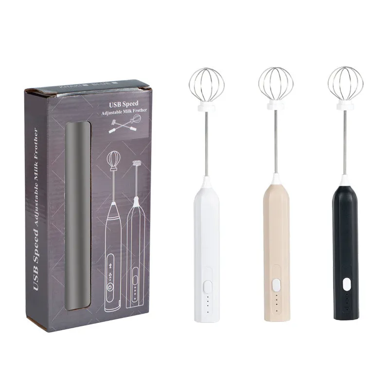 USB rechargeable handheld electric whisk in white with three speed settings and egg beater attachment