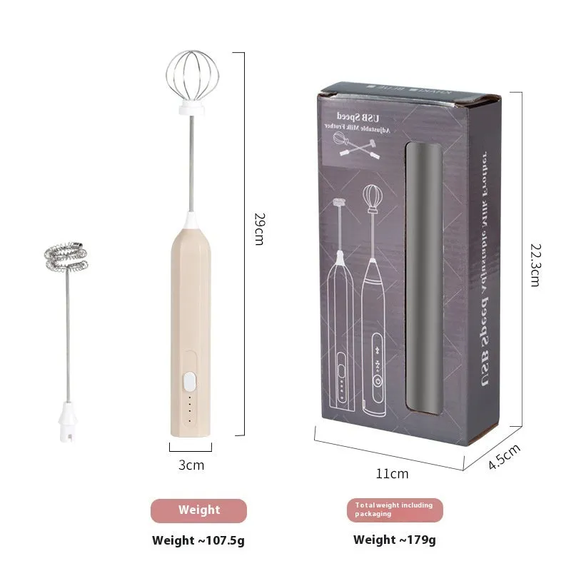 USB rechargeable handheld electric whisk in white with three speed settings and egg beater attachment