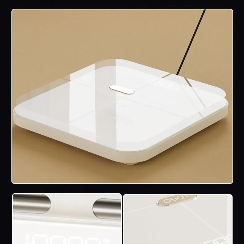 White smart body fat scale with 8 electrodes and a large LED display on a tempered glass platform.