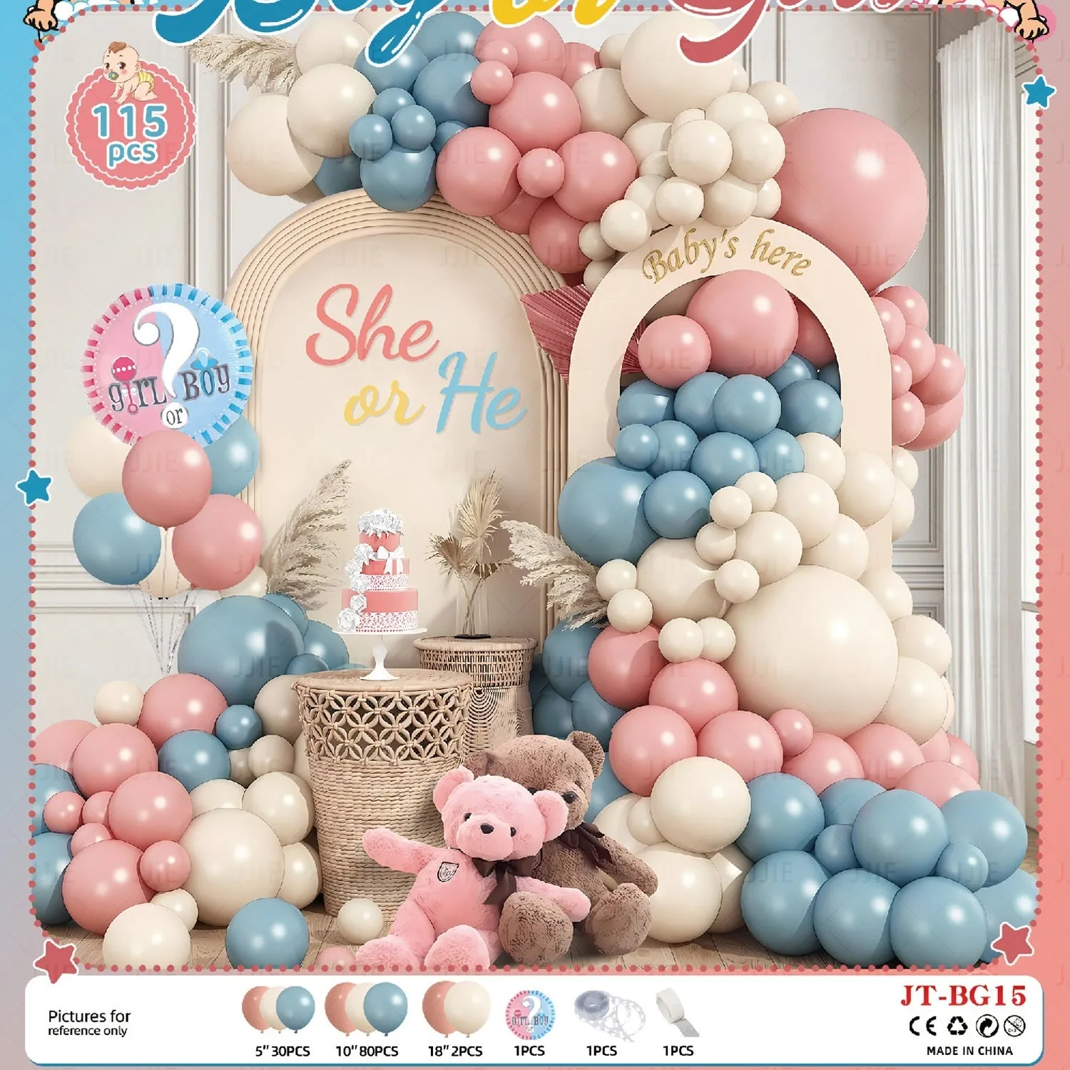 Gender reveal balloon decoration kit with aluminum foil round balloons, pink bottle, blue bottle, and ribbon