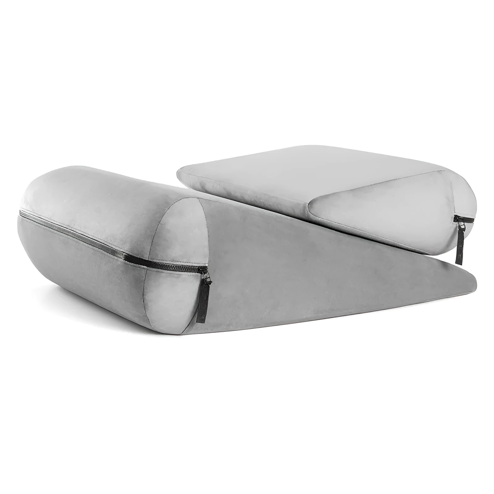 Triangular embroidered pillow in grey on a sofa corner, showing its 68cm length and decorative stitching.