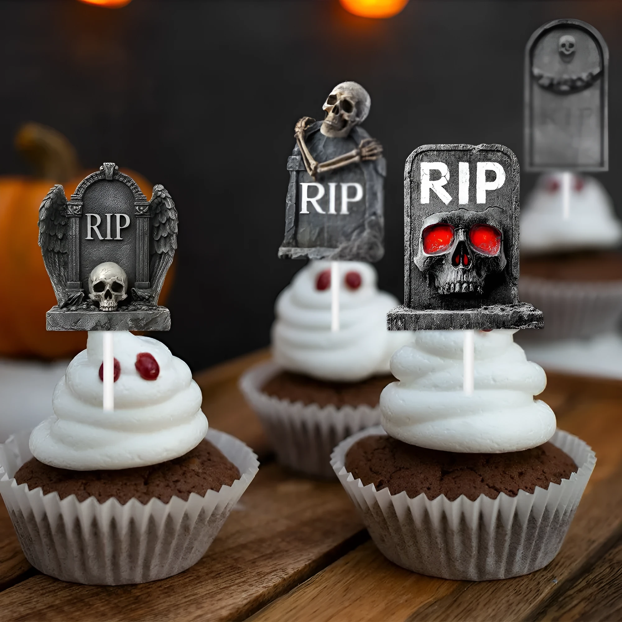 12 paper Halloween tombstone cake decoration flags featuring horror designs in two styles