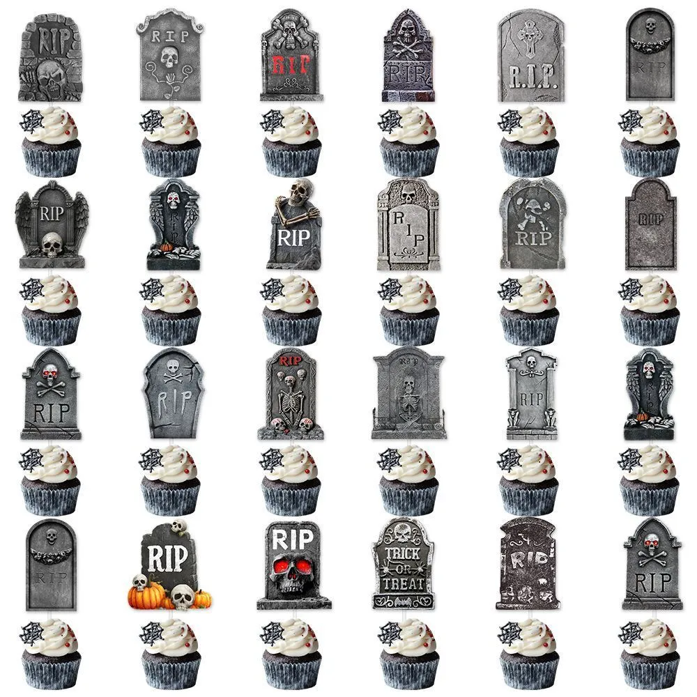 12 paper Halloween tombstone cake decoration flags featuring horror designs in two styles