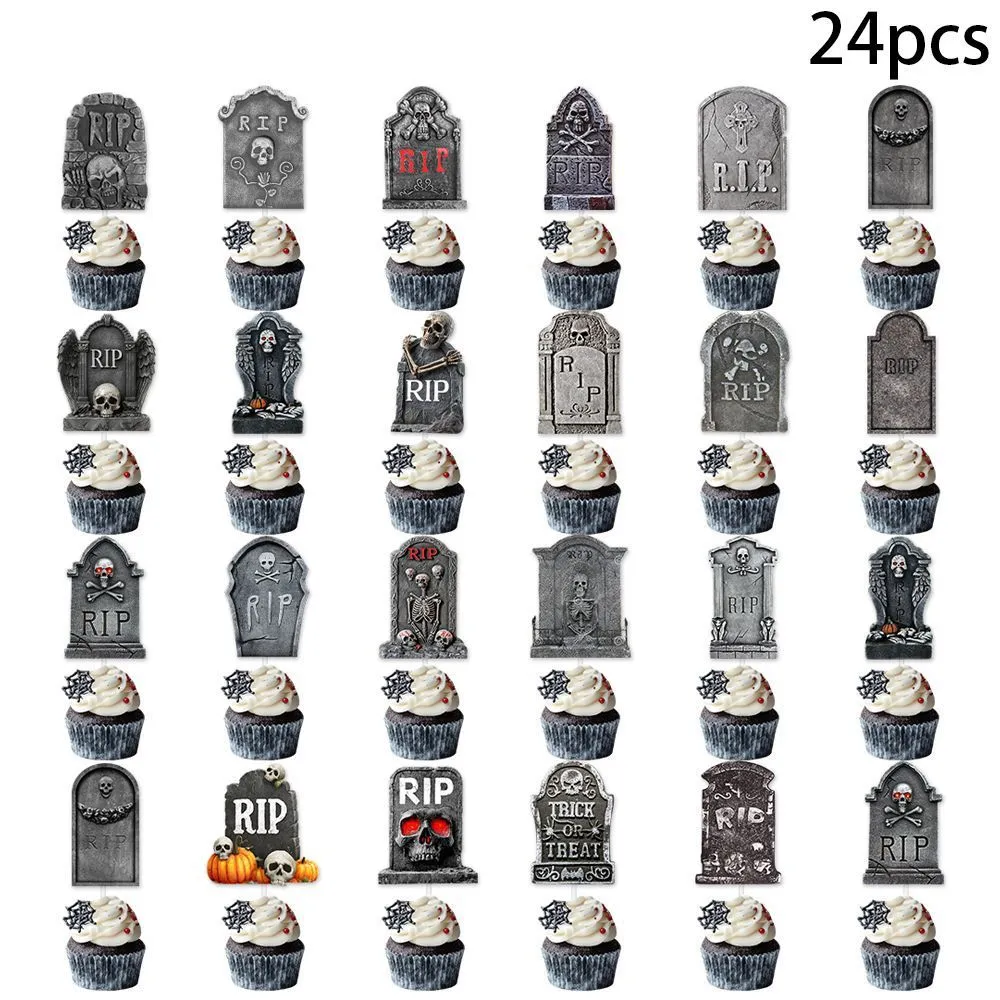 12 paper Halloween tombstone cake decoration flags featuring horror designs in two styles