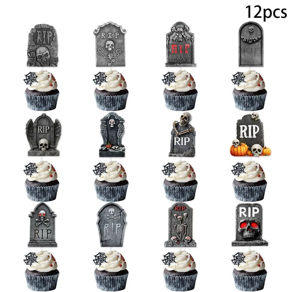12 paper Halloween tombstone cake decoration flags featuring horror designs in two styles