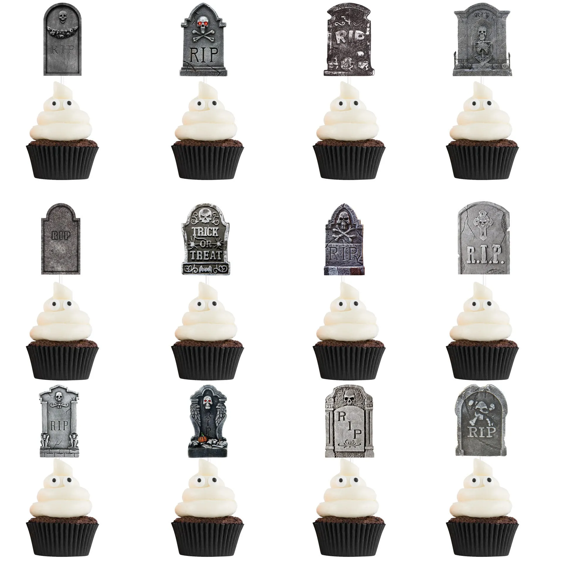 12 paper Halloween tombstone cake decoration flags featuring horror designs in two styles