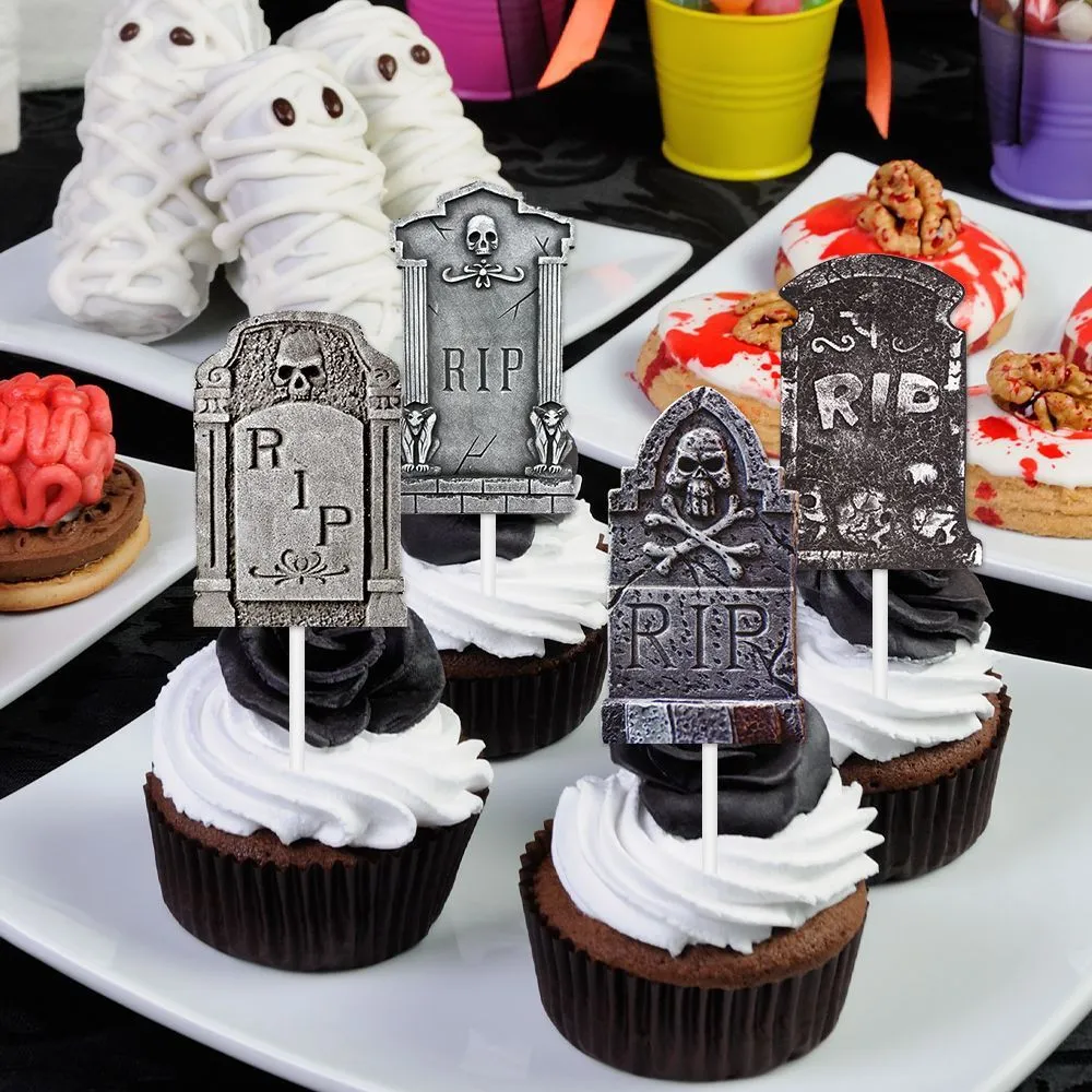 12 paper Halloween tombstone cake decoration flags featuring horror designs in two styles