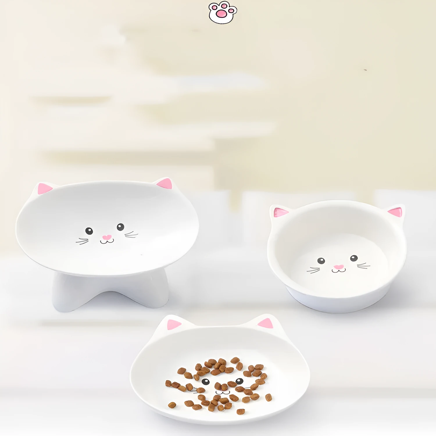 Ceramic small cat face shape pet food bowl in black, porcelain material, with non-slip base