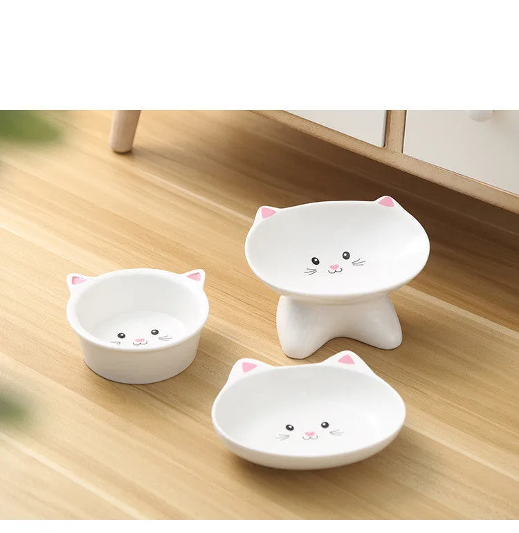 Ceramic small cat face shape pet food bowl in black, porcelain material, with non-slip base