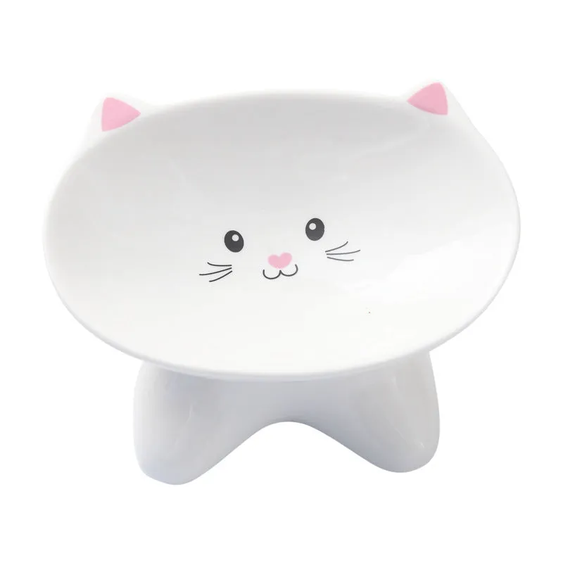 Ceramic small cat face shape pet food bowl in black, porcelain material, with non-slip base