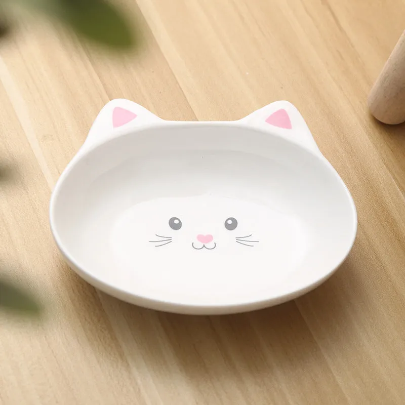 Ceramic small cat face shape pet food bowl in black, porcelain material, with non-slip base
