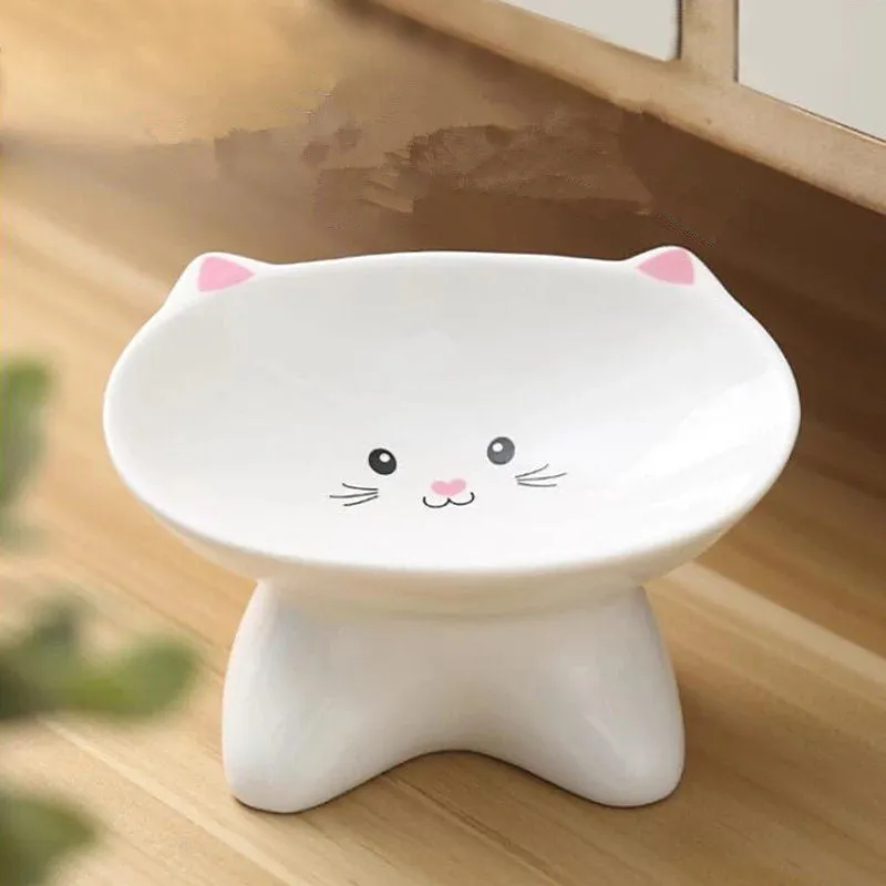 Ceramic small cat face shape pet food bowl in black, porcelain material, with non-slip base