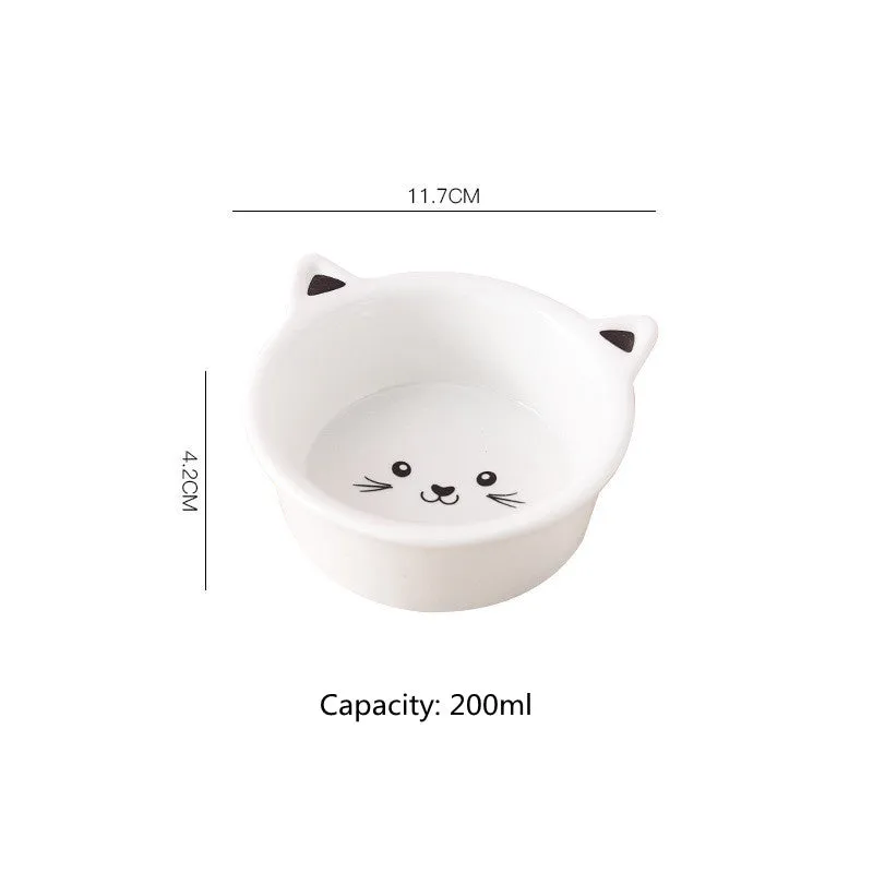 Ceramic small cat face shape pet food bowl in black, porcelain material, with non-slip base