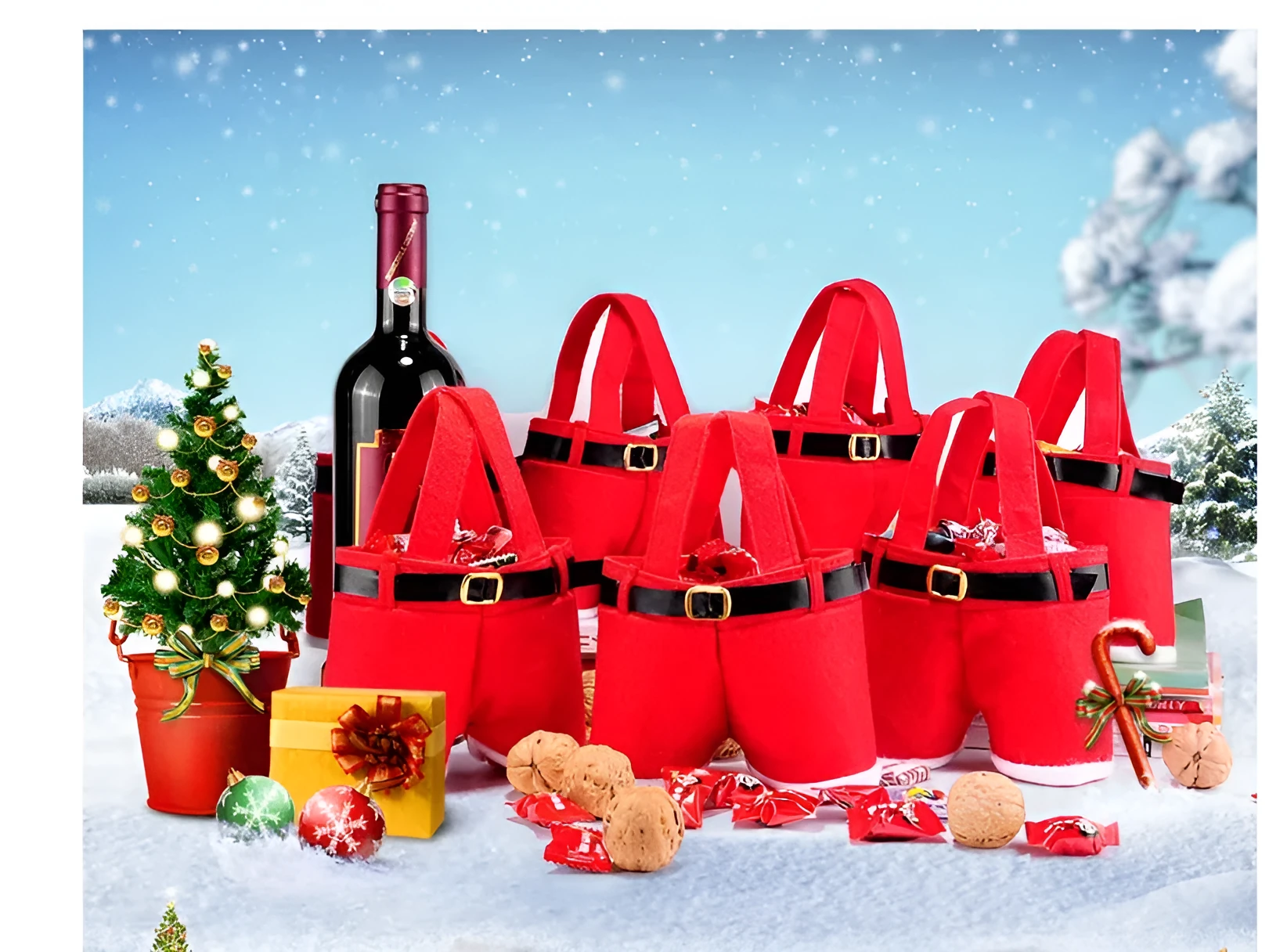 Red velvet Christmas candy bag 21x14.5cm with soft fabric surface on white background