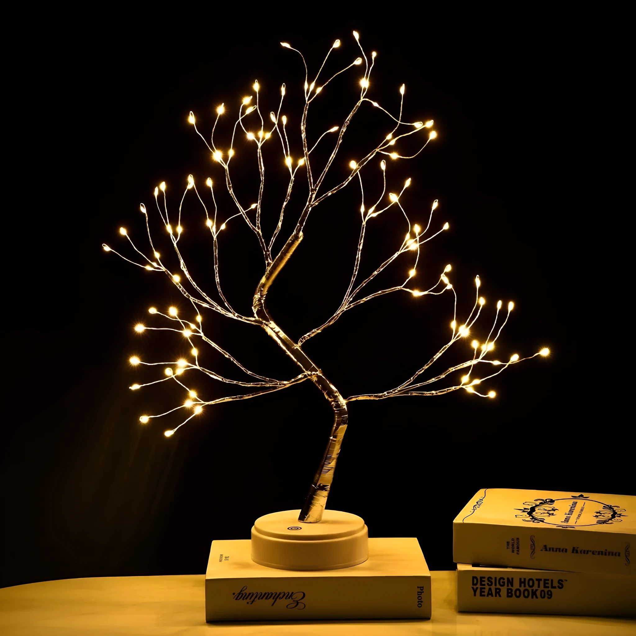 White LED tree-shaped lamp with bendable copper wire branches, 50cm tall, on a table.