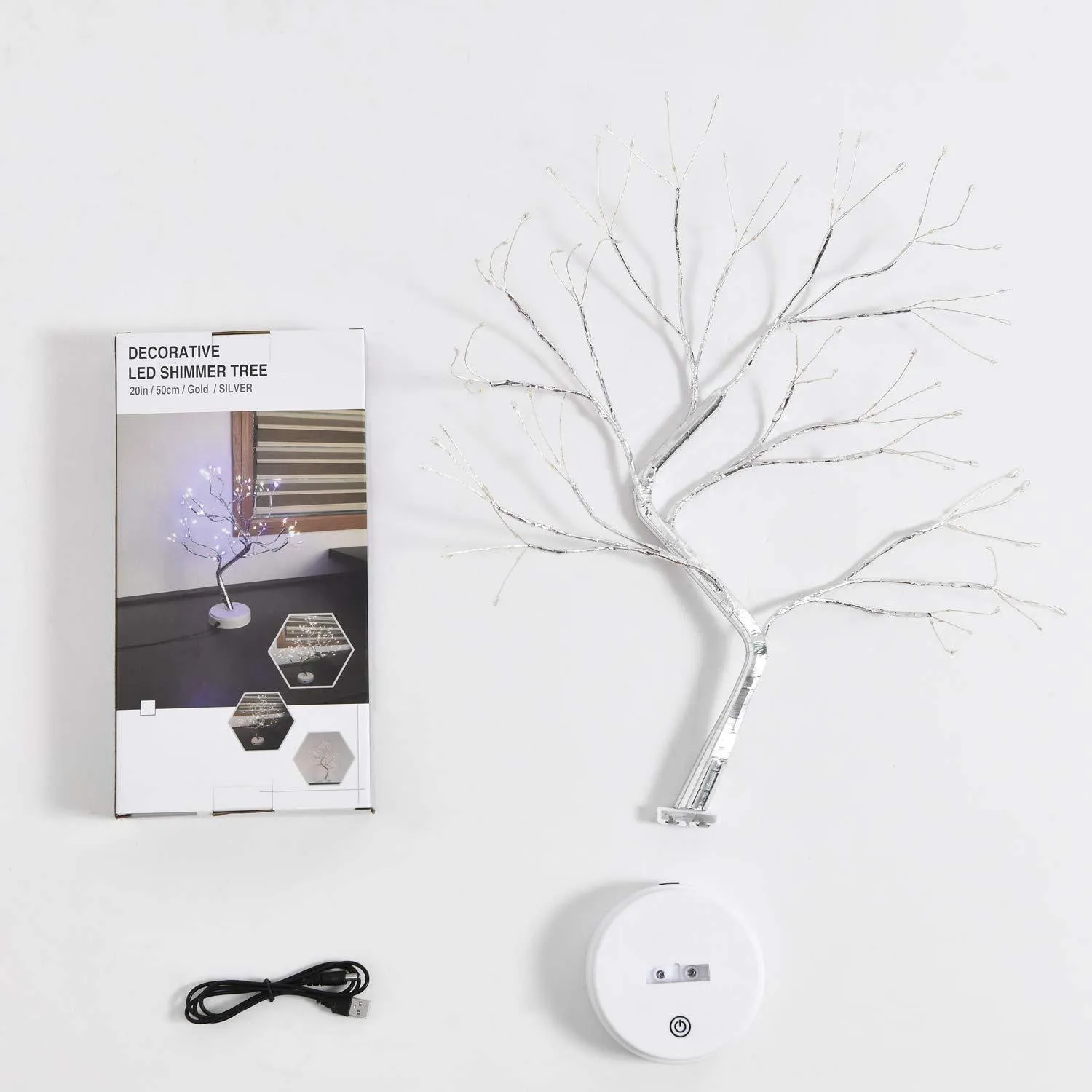 White LED tree-shaped lamp with bendable copper wire branches, 50cm tall, on a table.