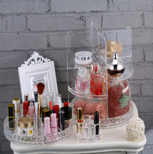 Diamond wave 360 rotating acrylic makeup organiser with detachable compartments on a vanity table