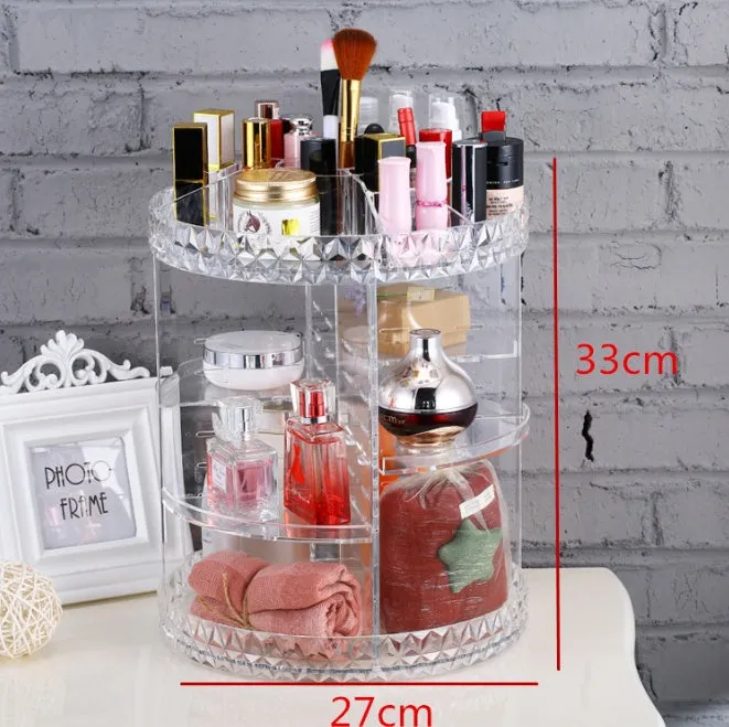 Diamond wave 360 rotating acrylic makeup organiser with detachable compartments on a vanity table