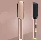 Professional hair straightener brush with tourmaline ceramic heat conductor, 16 gears, and anti-scalding design in gold and white.