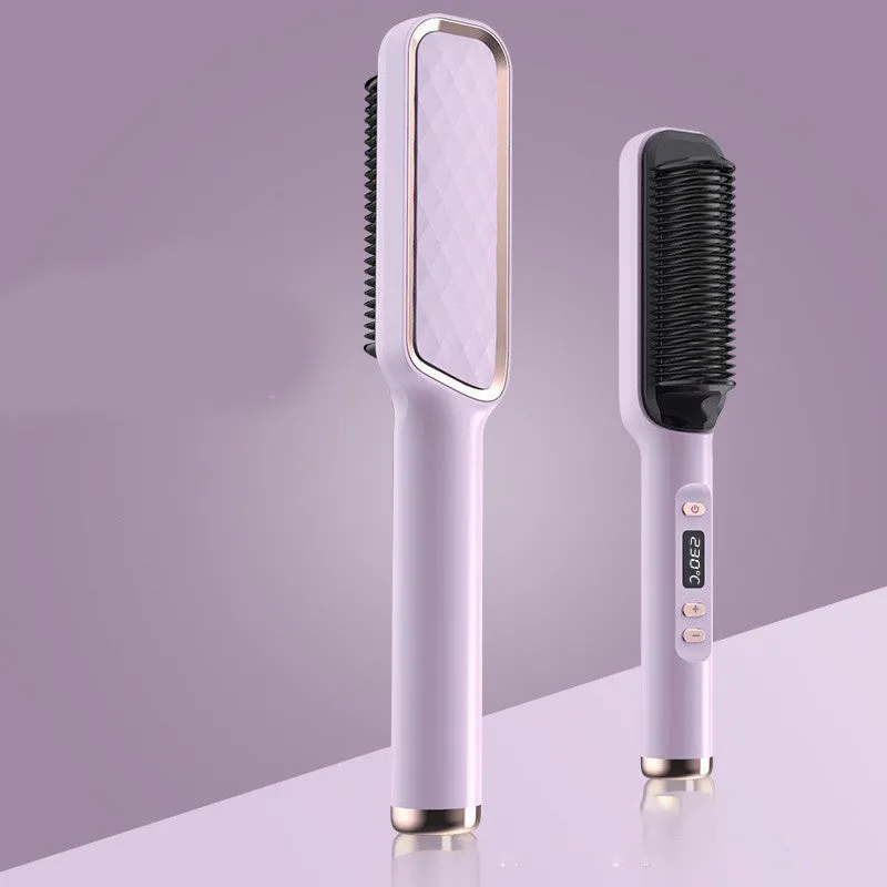 Professional hair straightener brush with tourmaline ceramic heat conductor, 16 gears, and anti-scalding design in gold and white.