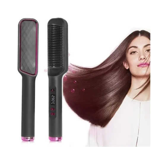 Professional hair straightener brush with tourmaline ceramic heat conductor, 16 gears, and anti-scalding design in gold and white.