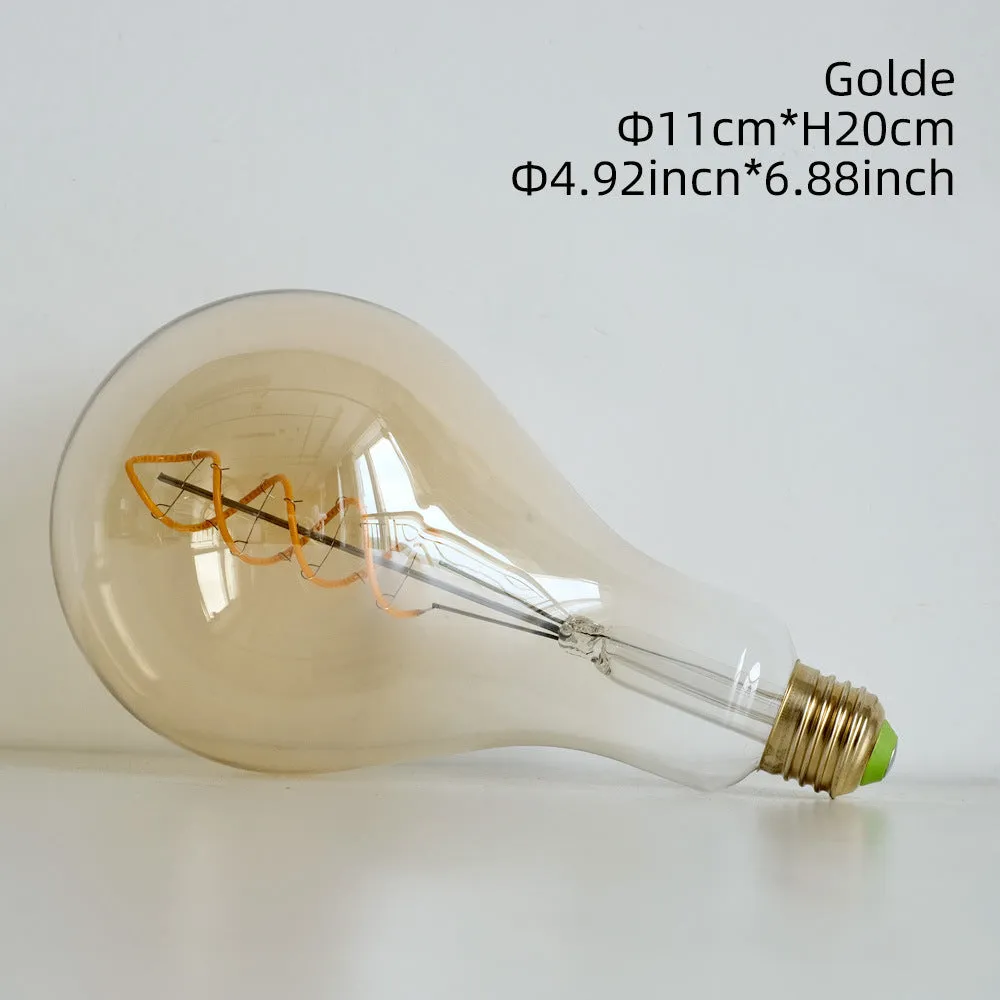 Close-up of a double helix LED filament light strip with golden spiral, showing 110mm by 200mm rectangular shape.