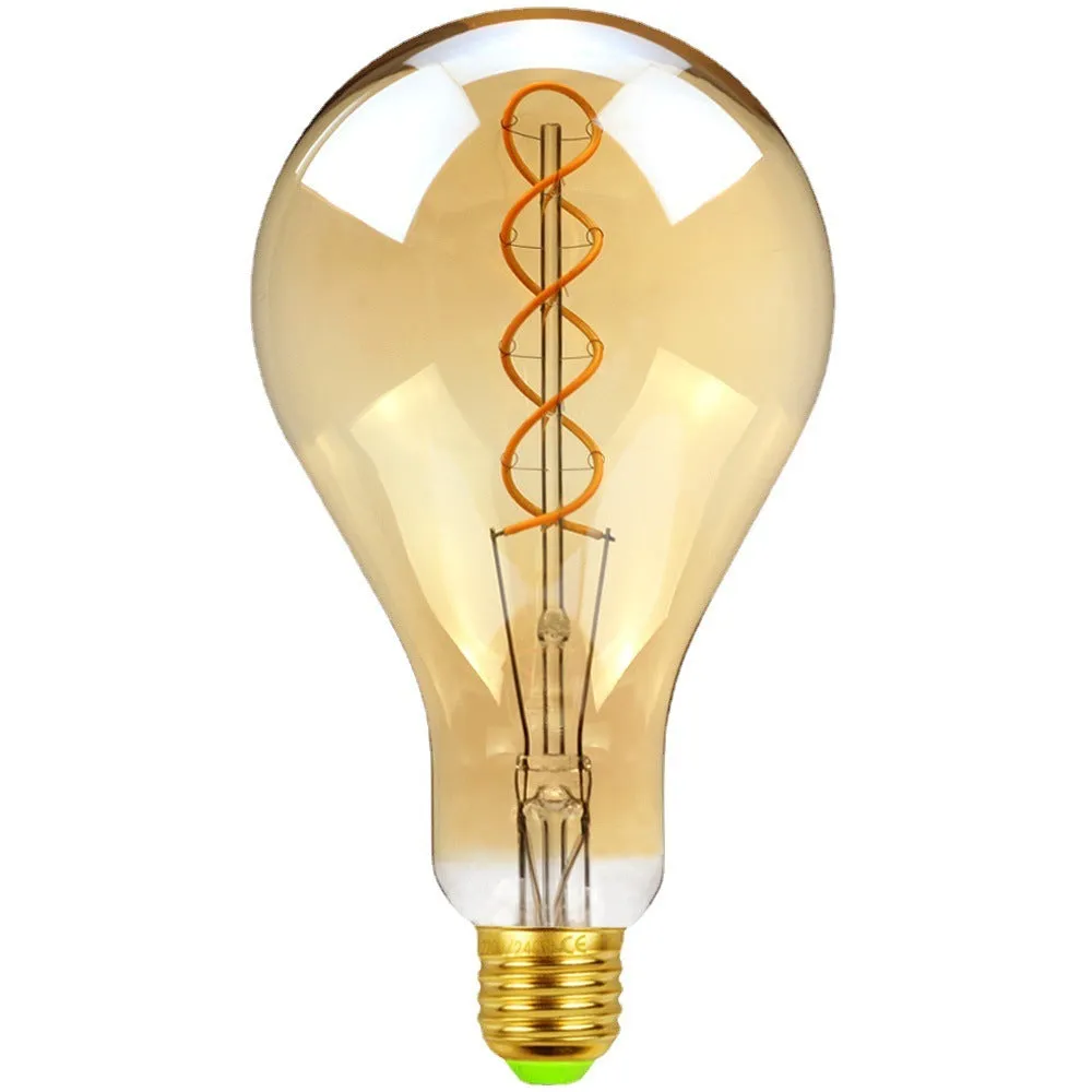 Close-up of a double helix LED filament light strip with golden spiral, showing 110mm by 200mm rectangular shape.