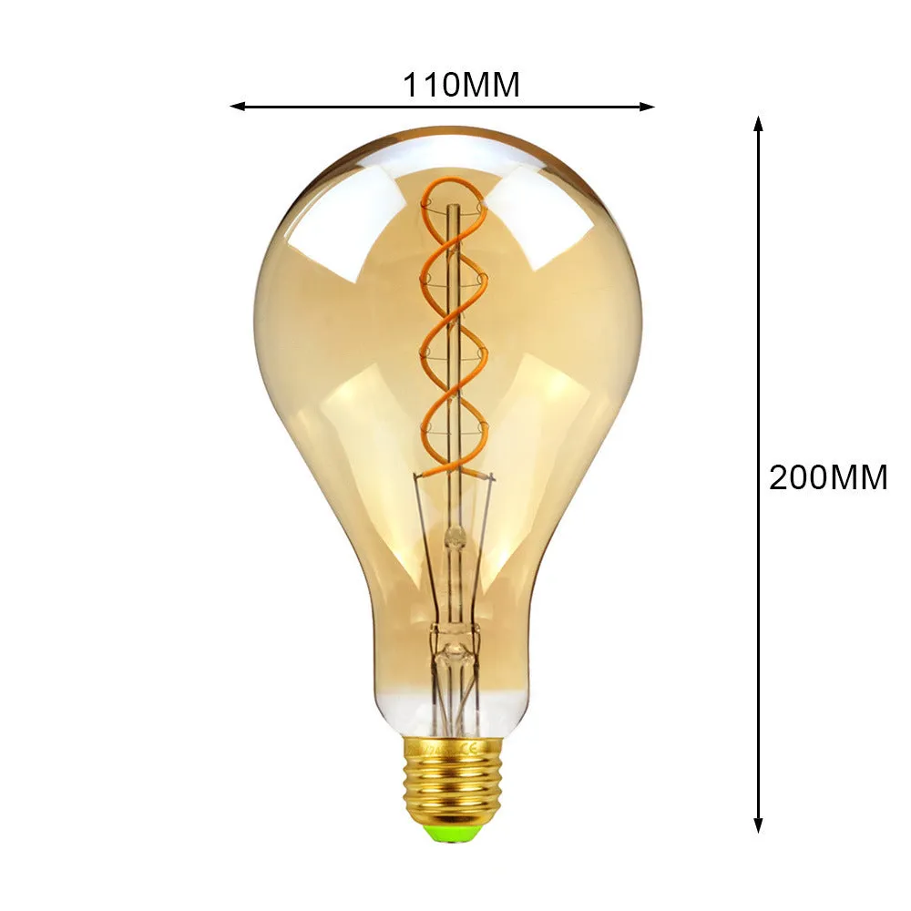 Close-up of a double helix LED filament light strip with golden spiral, showing 110mm by 200mm rectangular shape.