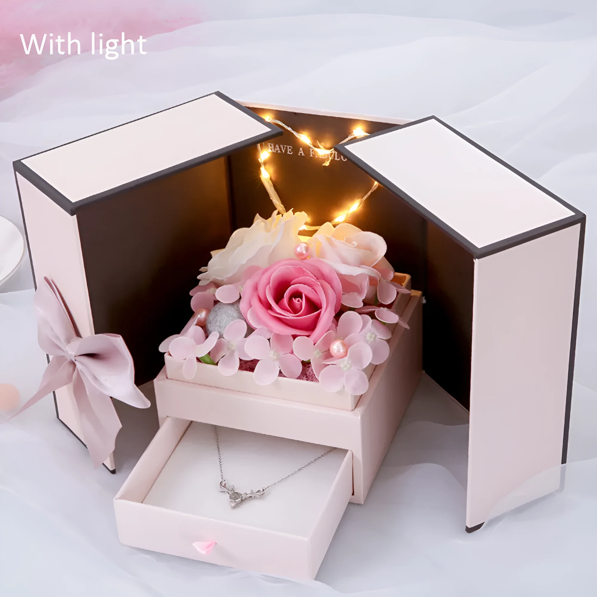 Pink lamp gift box with handmade soap flower rose in pink colour, ready for Christmas or Valentine's Day