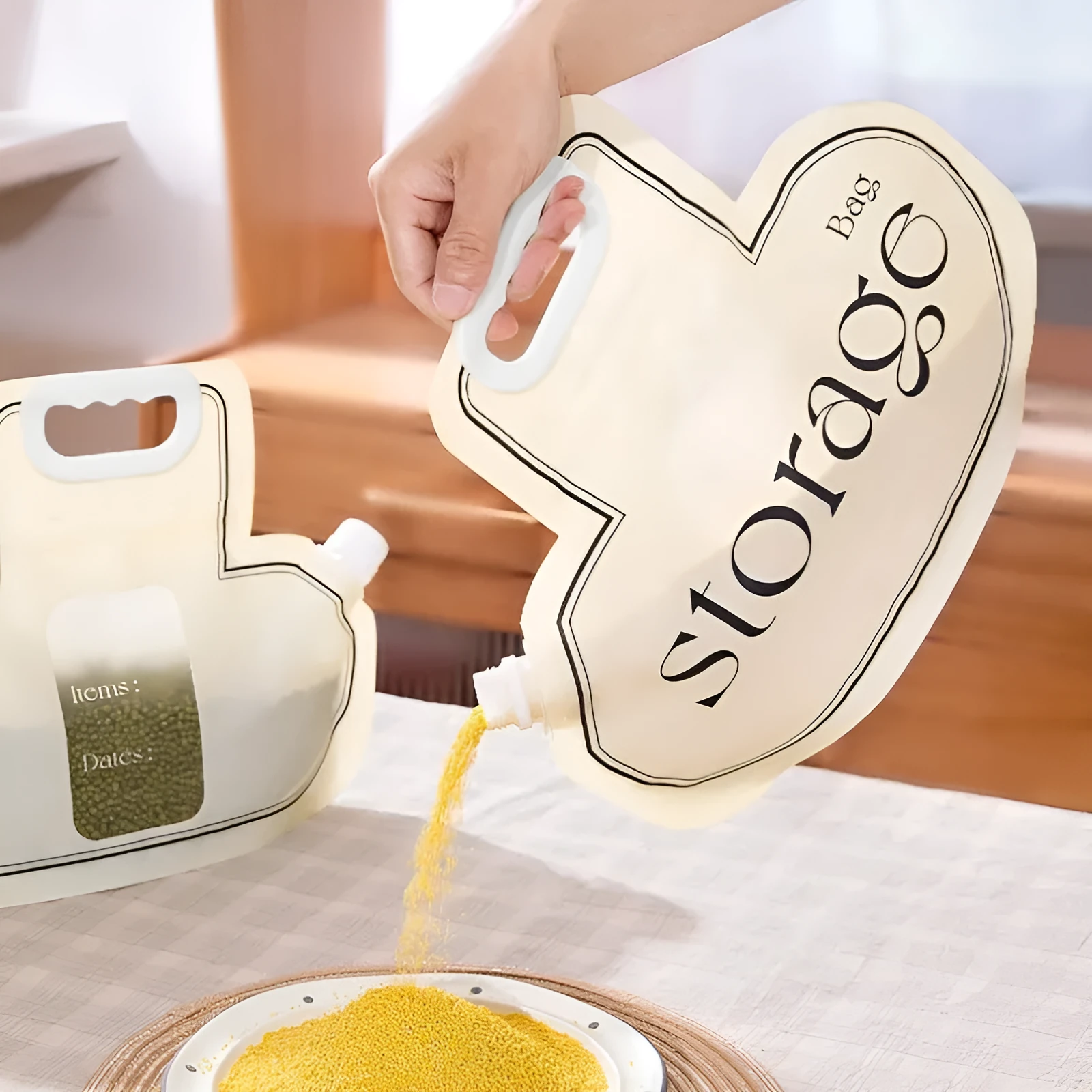 Cream grain storage bag with large opening and good sealing, made of food-grade PE material, 26.5x34.6cm
