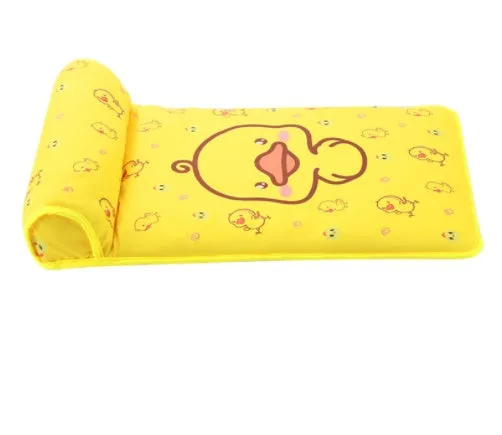 Blue running duck print cooling dog mat with raised pillow on non-slip waterproof fabric backing