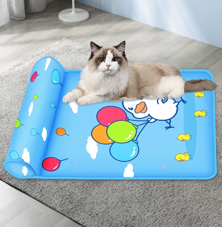 Blue running duck print cooling dog mat with raised pillow on non-slip waterproof fabric backing