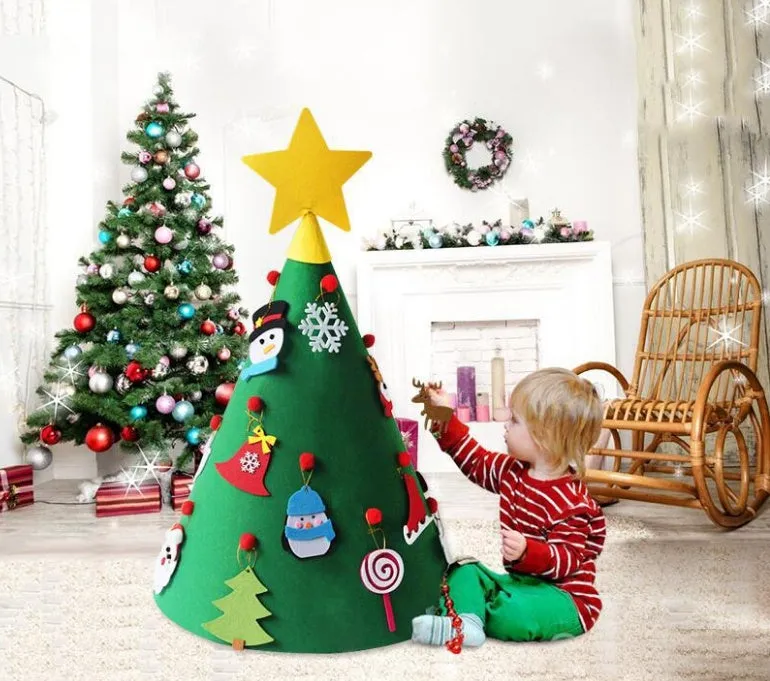 Felt Christmas tree three-dimensional DIY puzzle kit with cone base and felt balls on a surface
