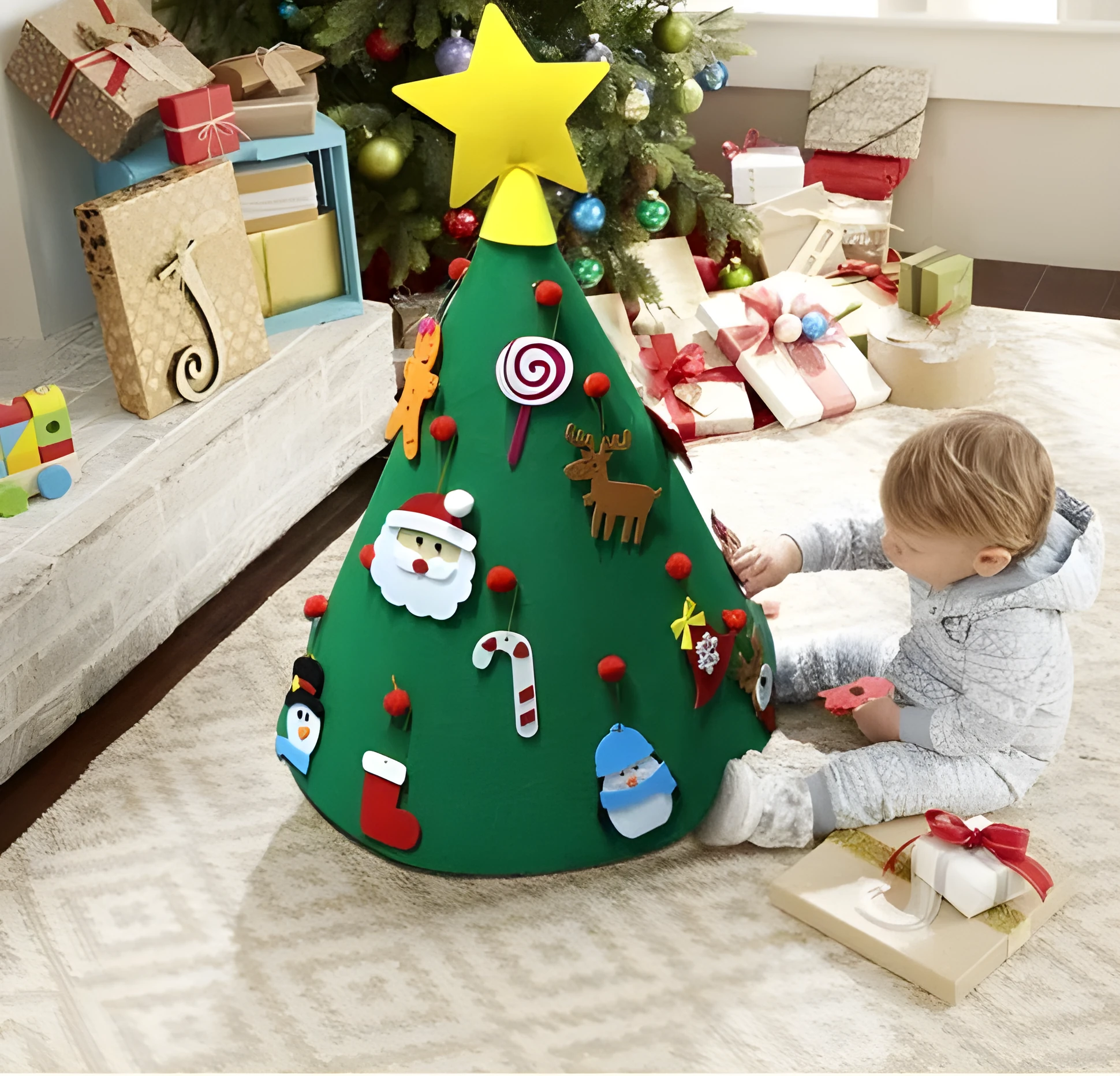 Felt Christmas tree three-dimensional DIY puzzle kit with cone base and felt balls on a surface