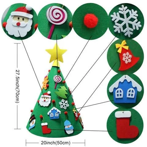 Felt Christmas tree three-dimensional DIY puzzle kit with cone base and felt balls on a surface