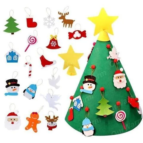Felt Christmas tree three-dimensional DIY puzzle kit with cone base and felt balls on a surface