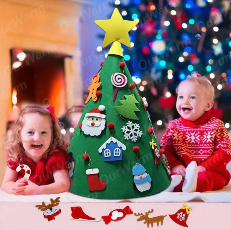 Felt Christmas tree three-dimensional DIY puzzle kit with cone base and felt balls on a surface