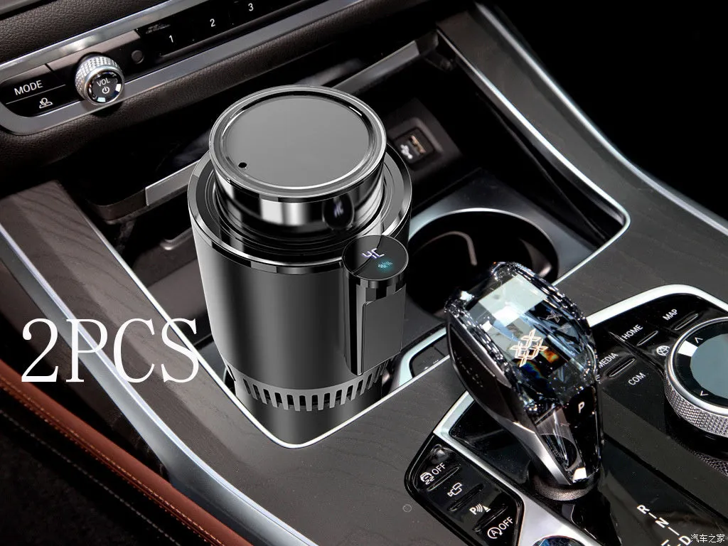 Smart hot and cold car cup in purple gold with aluminium interior and US plug adapter, 166mm height