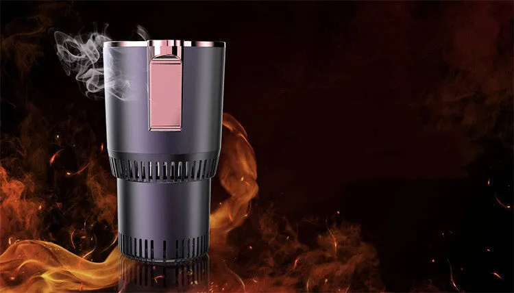 Smart hot and cold car cup in purple gold with aluminium interior and US plug adapter, 166mm height
